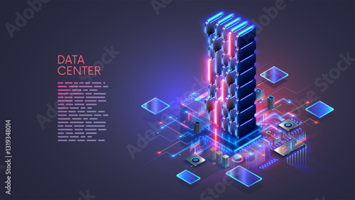 Data center isometric concept. Computing Big Data in Datacenter. Big server rack connected at hardware infrastructure. Computer networks technology and AI data analyzing. Supercomputer in Datacenter.