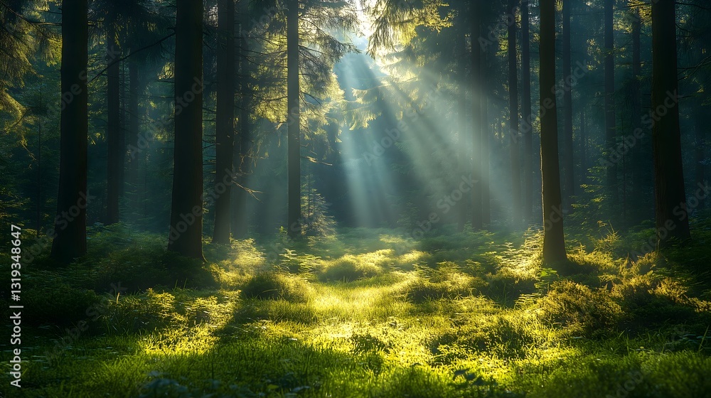 Obraz premium Sunlight filtering through trees in a tranquil forest glade creating a serene natural oasis