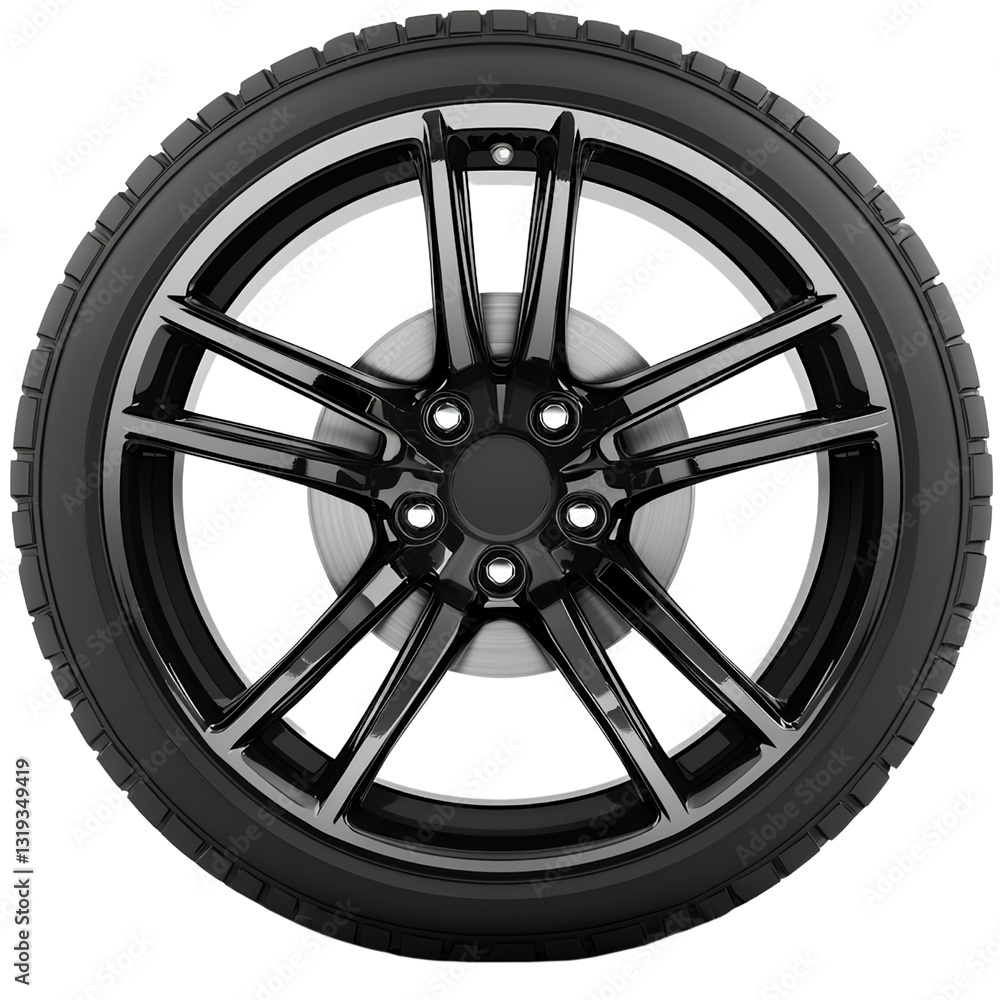 Obraz premium Black car tire with wheel rim isolated on a transparent background