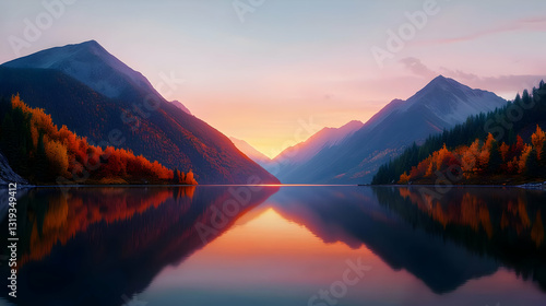 Sunset Over Mountain Lake Reflecting Autumn Trees and Golden Sky Creating Peaceful Landscape Scene