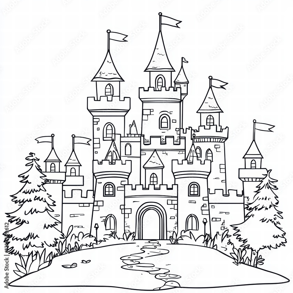 Fototapeta premium Royal Fortress Coloring Page: A majestic fairytale castle illustration with turrets, flags, and a stone pathway, ready for artistic personalization.