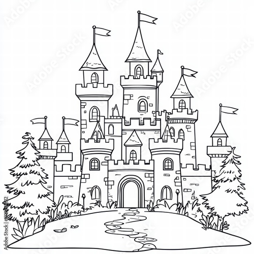 Wallpaper Mural Royal Fortress Coloring Page: A majestic fairytale castle illustration with turrets, flags, and a stone pathway, ready for artistic personalization. Torontodigital.ca