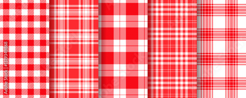 Cloth seamless pattern. Vichy red white background. Check textures. Set tartan checkered prints. Plaid tablecloth. Buffalo table cloth. Kitchen napkin backdrop. Gingham textile. Vector illustration