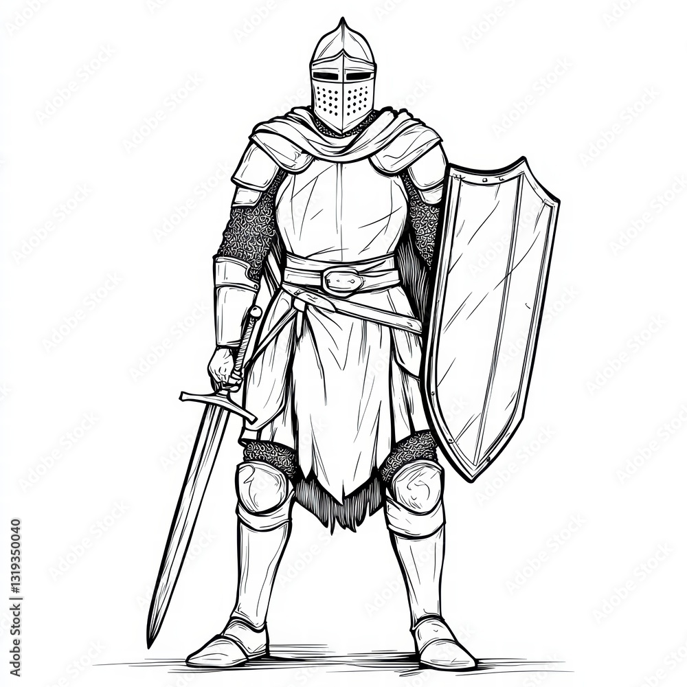 Obraz premium Ancient Guardian: A stoic knight stands at attention, clad in full shining armor and clutching a gleaming sword and shield, ready to defend.