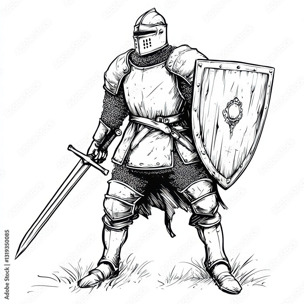 Obraz premium Ink Armor: A stoic knight, fully clad in gleaming armor, stands ready with sword and shield, embodying the valor and tradition of medieval times, with a stark and striking black and white aesthetic.