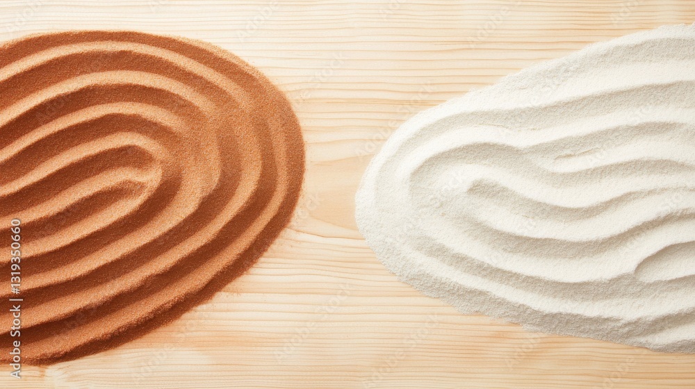 Golden Warm Breeze Meditation design. Brown and white sugar with wavy patterns on a wooden surface. Golden Warm Breeze Meditation design. Brown and white sugar with wavy patterns on a wooden surface.
