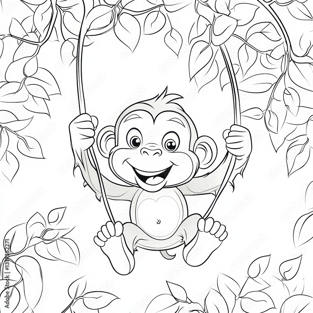 Obraz premium Playful Monkey on Swing: A cheerful cartoon monkey swings joyfully from a vine in a vibrant forest setting, exuding an aura of playful fun, making the world smile.