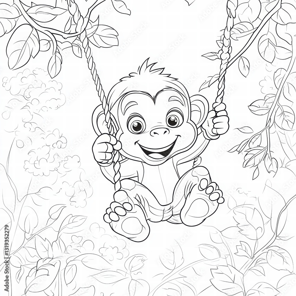 Playful Monkey on a Swing: A cheerful monkey joyfully swings from a rope, surrounded by lush jungle foliage, a whimsical depiction of a carefree animal. Playful Monkey on a Swing: A cheerful monkey joyfully swings from a rope, surrounded by lush jungle foliage, a whimsical depiction of a carefree animal.