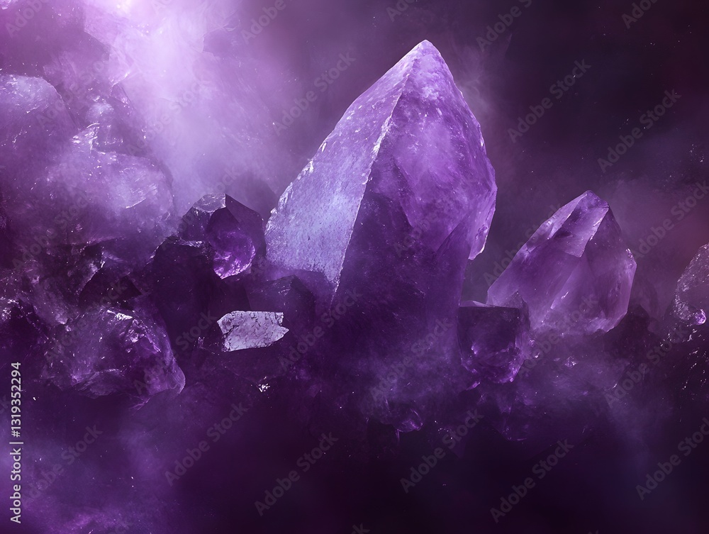 Obraz premium Purple Crystal Cluster: A captivating cluster of shimmering purple crystals, bathed in an ethereal light, revealing their intricate facets and alluring beauty.
