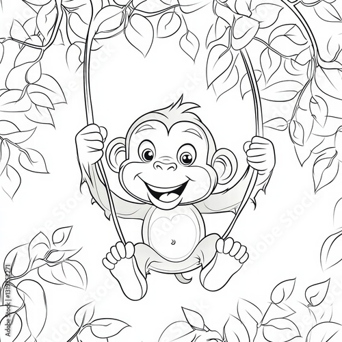 Wallpaper Mural Playful Monkey on Swing: A cheerful cartoon monkey swings joyfully from a vine in a vibrant forest setting, exuding an aura of playful fun, making the world smile. Torontodigital.ca