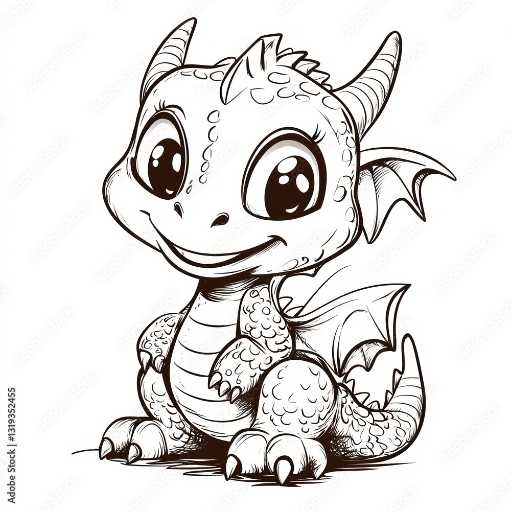 Obraz premium Whimsical Dragon: A charming and adorable dragon illustration, a captivating character smiles. This image encapsulates the charm of fantasy and the joy of creativity.