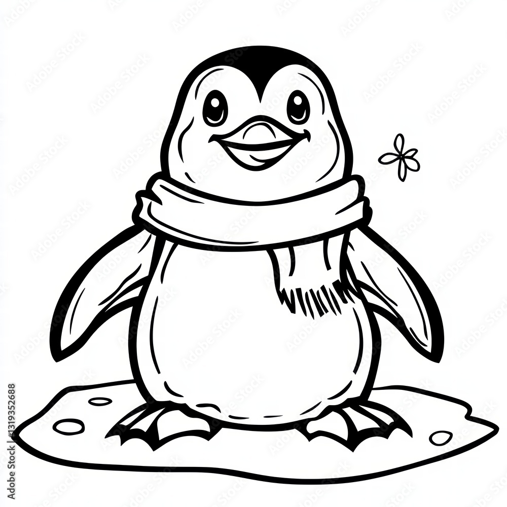 Penguin with Scarf Cartoon: A charming cartoon illustration of a happy penguin, warmly dressed in a scarf, sitting on a snowy surface, its cheerful expression and the single snowflake suggests winter. Penguin with Scarf Cartoon: A charming cartoon illustration of a happy penguin, warmly dressed in a scarf, sitting on a snowy surface, its cheerful expression and the single snowflake suggests winter.