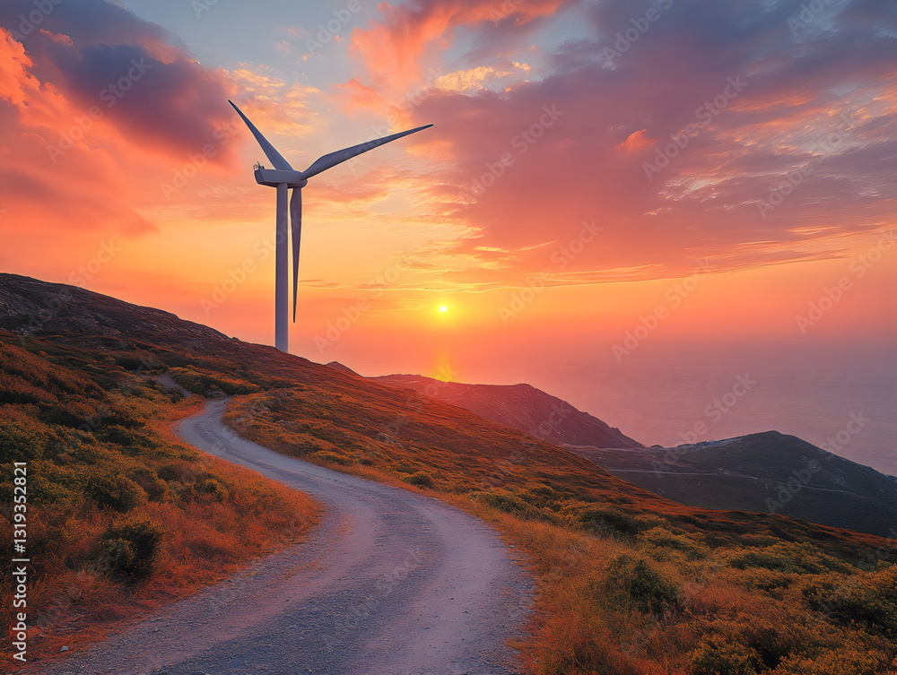 Obraz premium A massive wind turbine stands tall against a bright sunset sky, silhouetted by vibrant hues of orange and purple. The winding path leads toward the serene coastal landscape