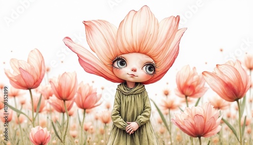 Girl with a flower head showing a friendly smile in a blooming tulip field, whimsical art style