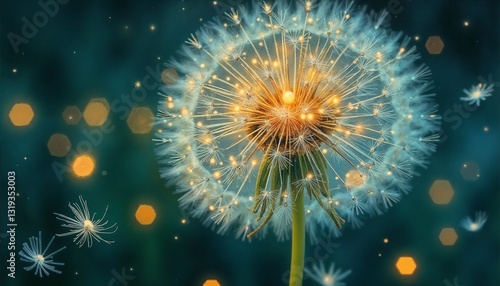 Dandelion flower with sparkling lights glowing in the dark background, magical atmosphere