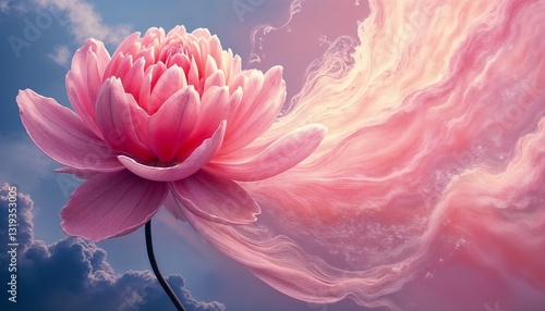Pink lotus flower surrounded by ethereal clouds and flowing pink wisps, artistic and dreamy atmosphere
