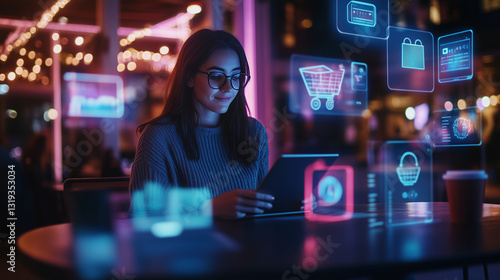 A tech-savvy woman sits in a modern cafÃ©, using her tablet to make an online payment. Holographic icons for shopping, omni-channel retail, and mobile banking float around her, illu