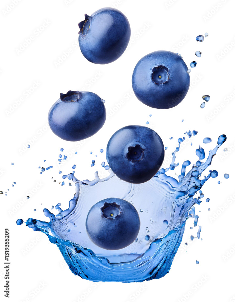 Fresh blueberries splashing into clear water on transparent background Fresh blueberries splashing into clear water on transparent background