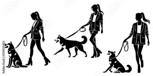 Hand drawn illustration of people with pets. Everyday scenes with pet. Silhouette woman with dog.