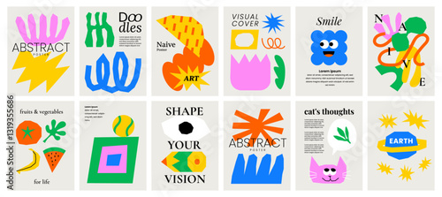Playful cover design. Colorful abstract backgrounds with doodle elements, naive shapes. Print templates with text. Modern layouts with childish forms for card, poster, brochure, flyer or catalog.