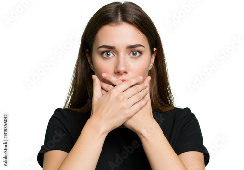 Horizontal photo of young European female with expression of secrecy and mistrust as she is covering mouth with two hands not willing to disclose something important isolated on White background