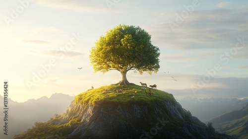 International Day for Biological Diversity Lone tree on a hill, vibrant green foliage against a golden sunrise, symbolizing solitude and nature's beauty, room for text.