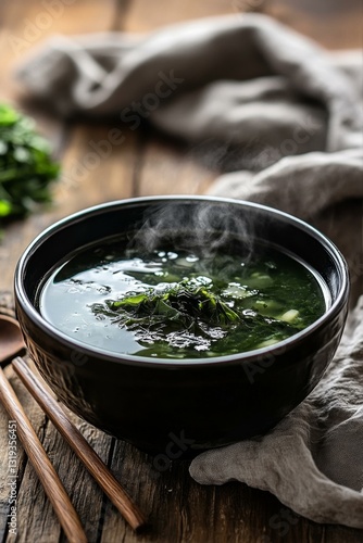 Bowl of Refreshing Seaweed Soup on a Rustic Wooden Surface Ready to Savor Delicious Culinary Experience