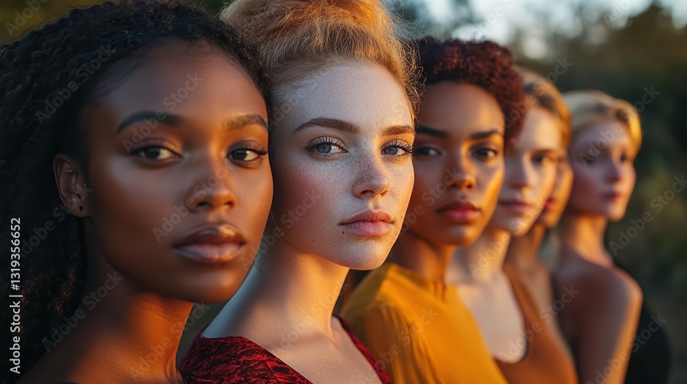 Obraz premium Group of diverse women standing together in golden sunlight, representing unity, empowerment, and natural beauty in a warm, serene setting.