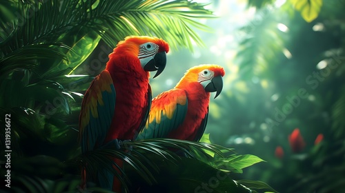 Wallpaper Mural Vibrant tropical rainforest teeming with exotic birds in lush green surroundings Torontodigital.ca
