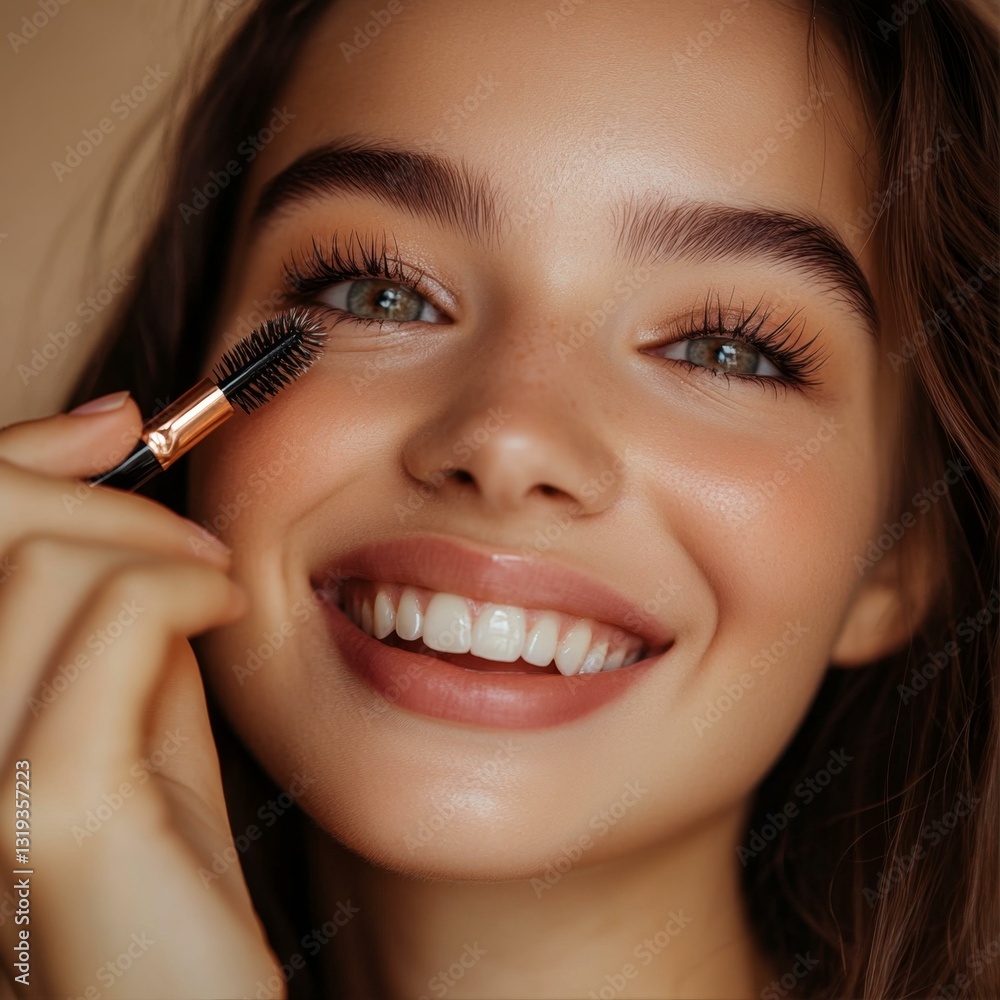 Close Up of Woman Applying Mascara Smiling with Beautiful Eyes and Perfect Teeth in Beauty Shot Close Up of Woman Applying Mascara Smiling with Beautiful Eyes and Perfect Teeth in Beauty Shot