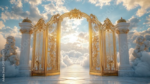  Majestic pearly gates opening to radiant paradise beyond Intricately designed golden gates glow with divine light, leading to shimmering white marble path into infinite landscape of peace and beauty.