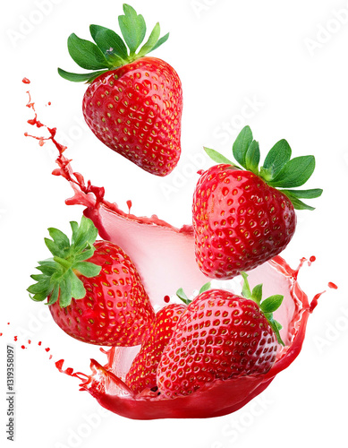 Ripe strawberries splashing into fresh strawberry juice on transparent background