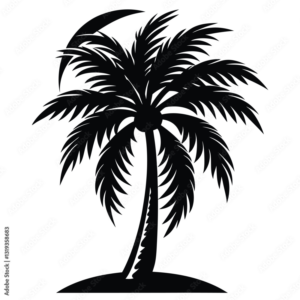 Obraz premium A pure black silhouette of a tall and slightly curved palm tree with long, arching fronds, 
