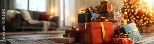 Colorful Festive Gift Boxes Near Christmas Tree in Cozy Living Room