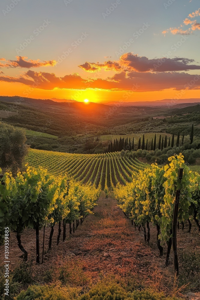 Fototapeta premium Vineyard Rows at Sunset. Plants grow in a field. Golden sun shines above hills. Beautiful countryside scene. Peaceful rural farm at sundown.
