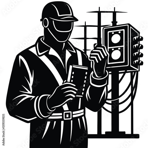 A pure black silhouette of an electrical engineer holding a multimeter while inspecting electrical equipment 