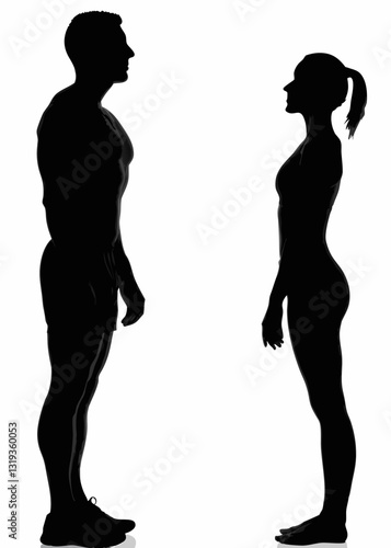 Silhouettes of man and woman facing each other, showcasing contrasting body shapes in a minimalist style