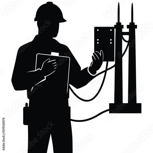 A pure black silhouette of an electrical engineer holding a multimeter while inspecting electrical equipment 