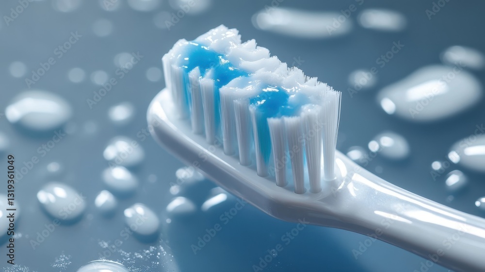 Close-Up of Toothbrush with Blue Toothpaste on Wet Surface Close-Up of Toothbrush with Blue Toothpaste on Wet Surface