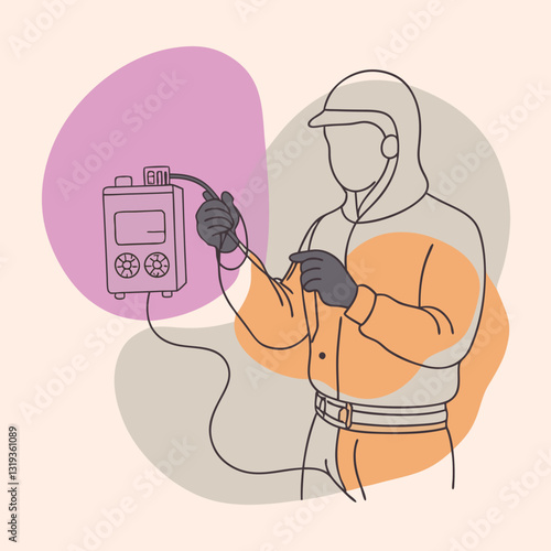 A pure black silhouette of an electrical engineer holding a multimeter while inspecting electrical equipment 