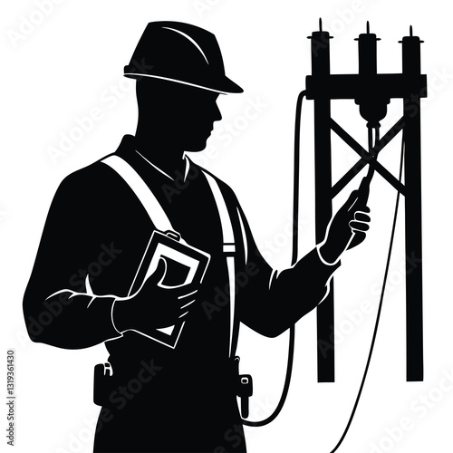 A pure black silhouette of an electrical engineer holding a multimeter while inspecting electrical equipment 