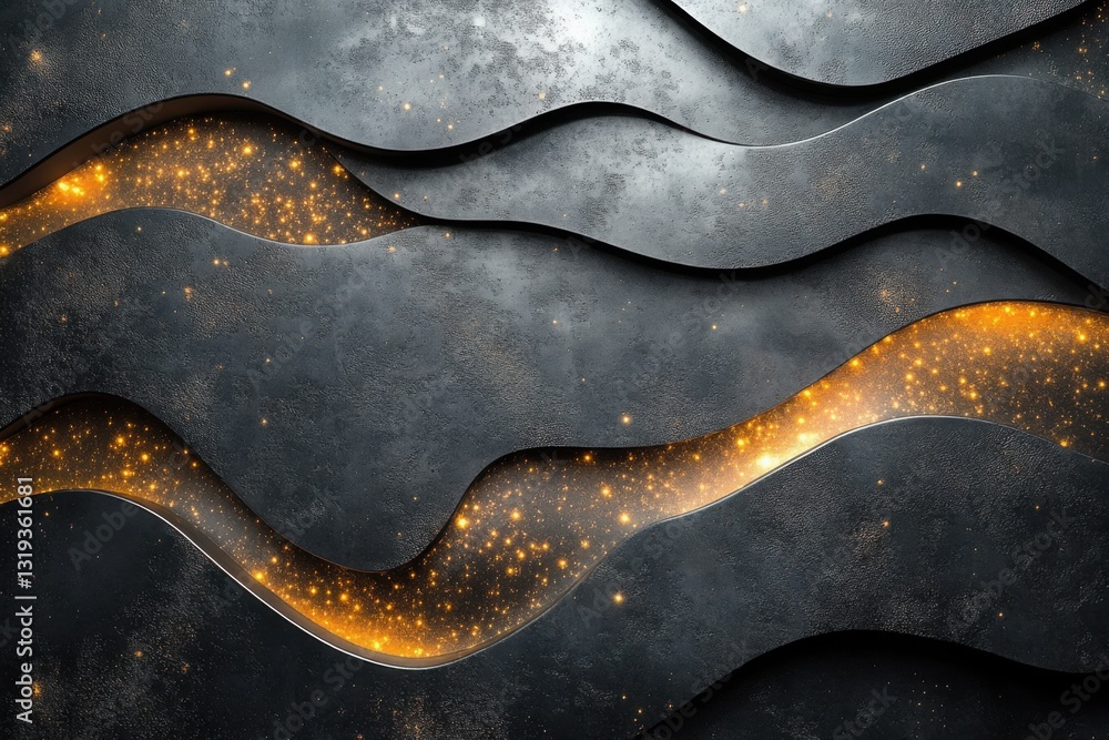 Fototapeta premium Dark metallic waves with glowing golden accents create a dynamic and textured abstract design Modern stylish and visually intriguing