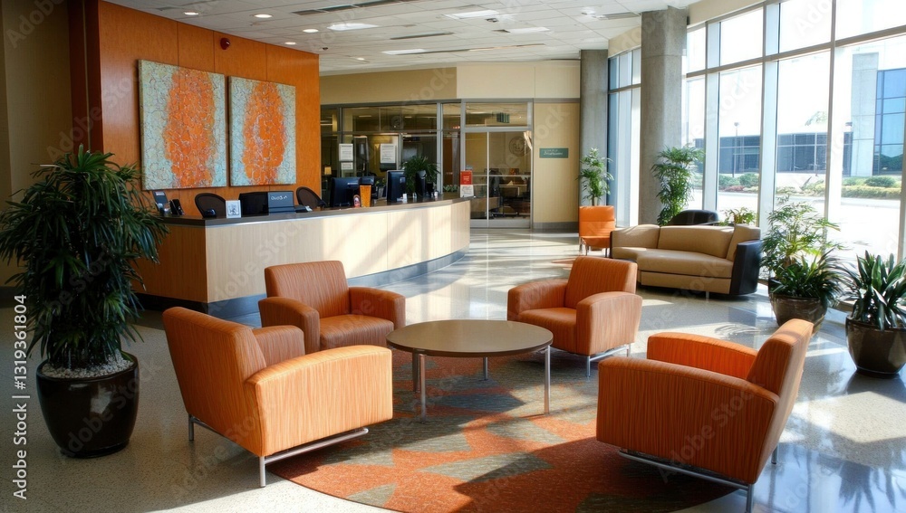 Modern office lobby with reception desk, seating area, and large windows. Modern office lobby with reception desk, seating area, and large windows.