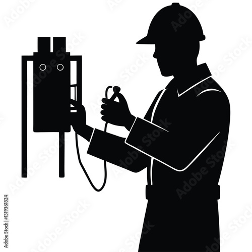 A pure black silhouette of an electrical engineer holding a multimeter while inspecting electrical equipment 