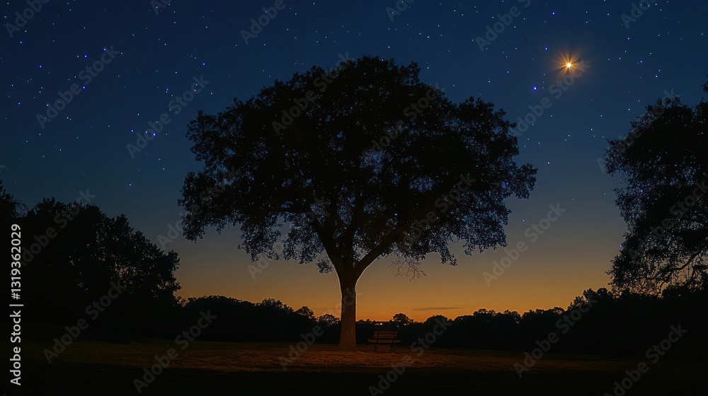Fototapeta premium Silhouetted tree at twilight under starry night sky