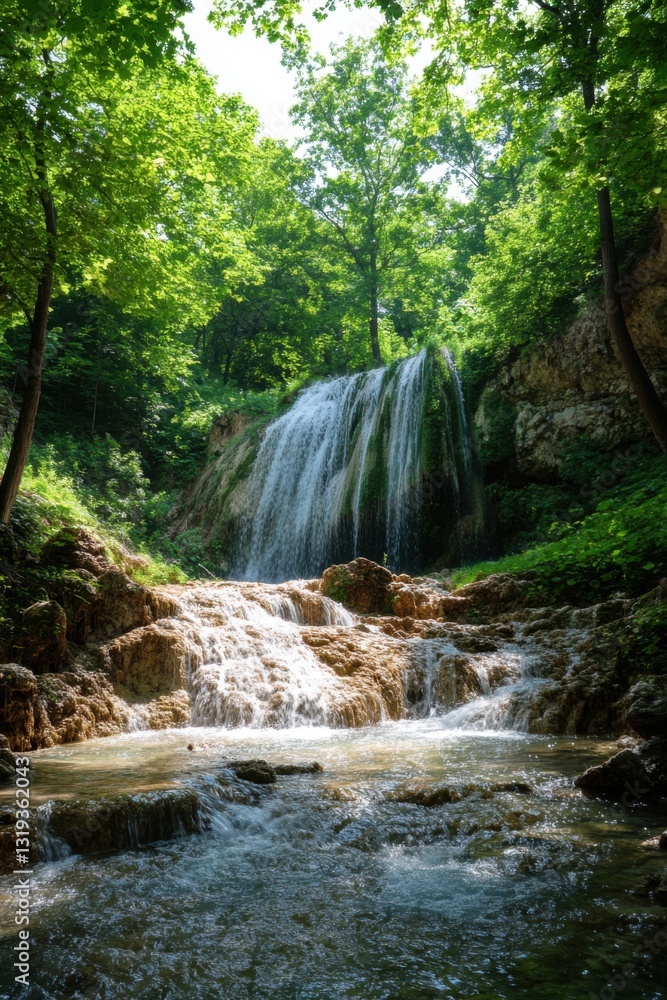 Obraz premium Waterfall in forest flows over rocks. Green trees surround the water. Cool water cascade landscape. Natural scenery with flowing stream. Scenic view outdoor.