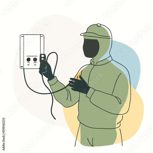 A pure black silhouette of an electrical engineer holding a multimeter while inspecting electrical equipment 