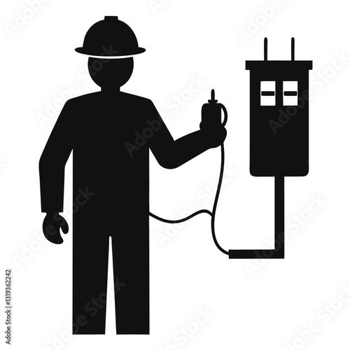 A pure black silhouette of an electrical engineer holding a multimeter while inspecting electrical equipment 