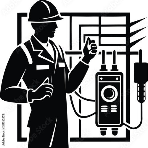 A pure black silhouette of an electrical engineer holding a multimeter while inspecting electrical equipment 