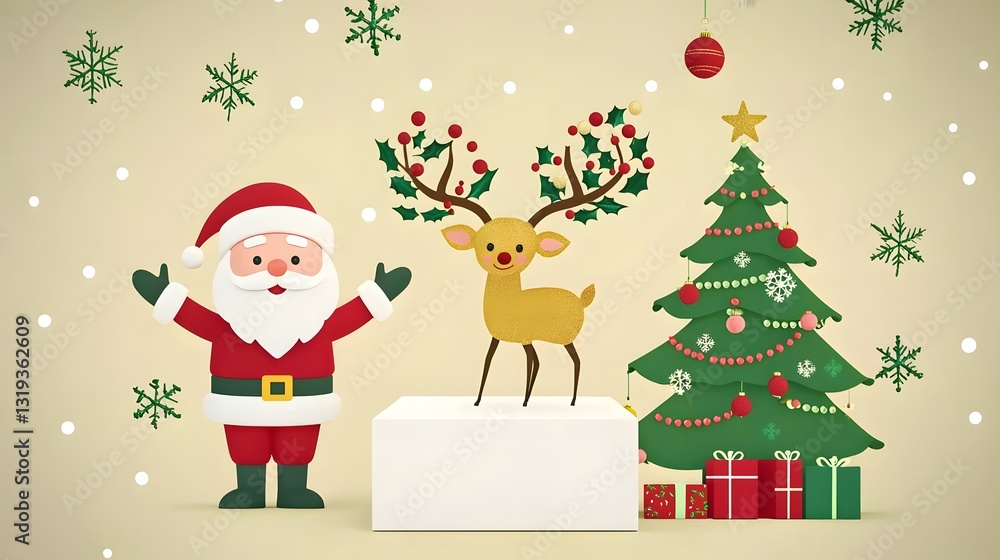 Joyful Christmas Scene with Santa Claus, Reindeer, Christmas Tree and Presents on a Beige Background Joyful Christmas Scene with Santa Claus, Reindeer, Christmas Tree and Presents on a Beige Background